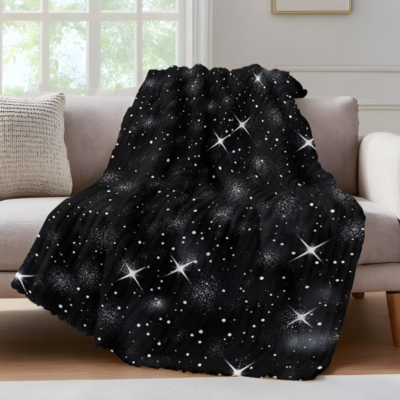 Starry Sky Throw Blanket for Couch Stars White Dots Black Background Night Soft and Warm Flannel 3D Striped Fluffy Fuzzy Fleece Blanket Lightweight Throw for Bed, Sofa 50 x 60 Inches