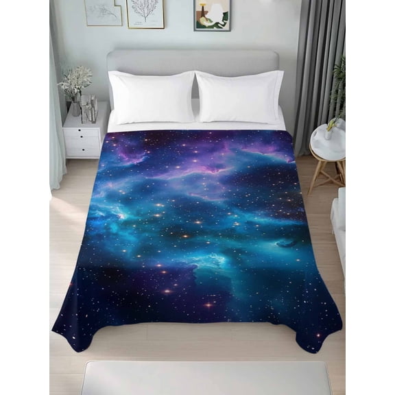 Starry Sky Twim Size Flat Sheet, Wrinkleproof & Fadeproof Cooling Flat Bed Sheet Only, Modern Rustic Blue Purple Ombre Star Night Breathable Soft Bedding Top Sheets 66 x 96 Inches