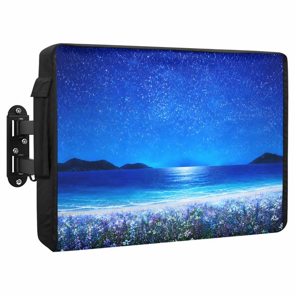 Starry Sky Waterproof Outdoor TV Cover, Beach Night Floral Wildflower Field Moonlight Outside Weatherproof TV Enclosures for 30 to 32 Inch LCD Television Shield Flat Screen Protectors
