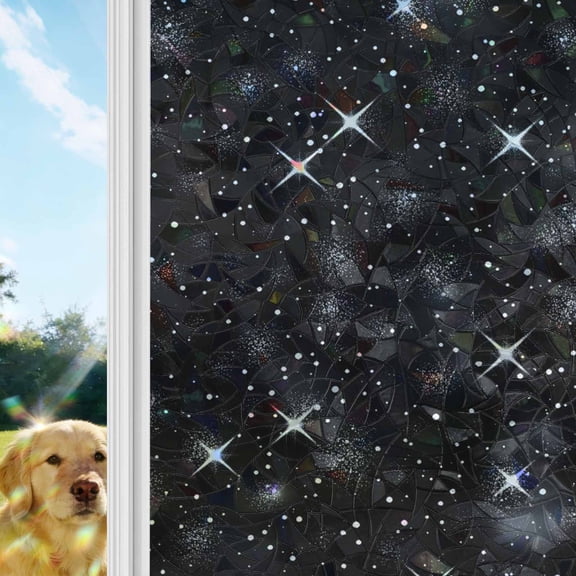 Starry Sky Window Privacy Film Stain Glass,Reusable Decorative Rainbow Window Film,Modern Black Abstract Dots Stars Aesthetic Static Cling Sun Blocking Stickers Decals Covers 17.7" x 39.3" (2pcs)