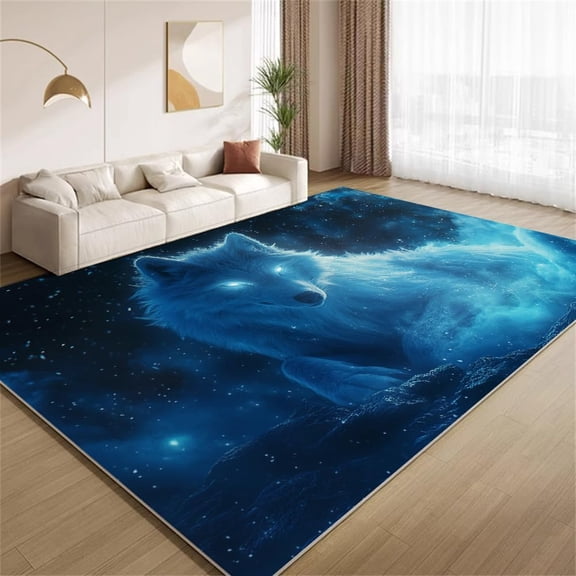 Starry Sky Wolf Area Rugs, Blue Black Animal Pattern Carpet, Washable Non Slip Low Pile Soft Rug for Living Room Bedroom Decor Mat 2ftx3ft