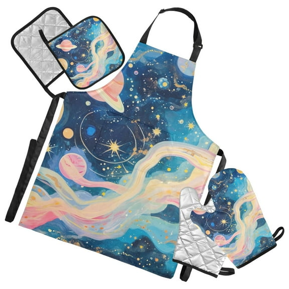 Starry Sky and Planet 5 Pcs Kitchen Set Heat Resistant Oven Mitts and Non-Slip Pot Holders with Adjustable Cooking Apron