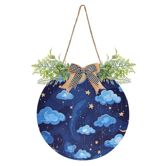 Starry Sky with Clouds Front Door Porch Decoration Hanging Sign with Artificial Green Plants and Bow for Home Outdoor Indoor