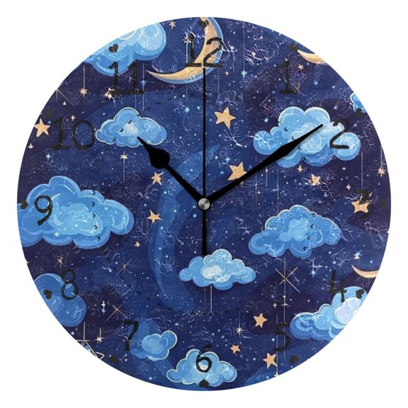 Starry Sky with Clouds Round Wall Clock Silent Battery Operated Home Decor for Living Room Bedroom