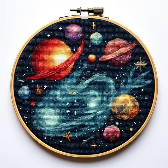 Starry Space Planet Stamped Cross Stitch Kits for Beginners Easy with Hoop 11CT Needlepoint Embroidery DIY Counted Cross Stitch Kits Art Craft Wall Decoration 35x35cm(4)