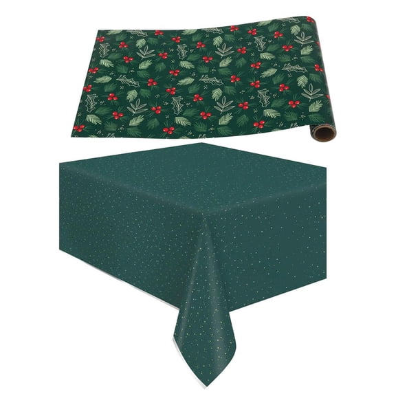Starry Sparkles Christmas Festive Tablecloth & Holly Table Runner Kit  2 pc