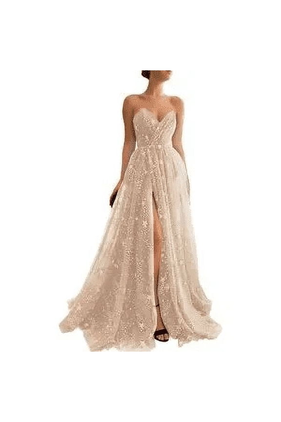 Starry Strapless Dress with Slit, Tulle formal evening gown, Prom dress