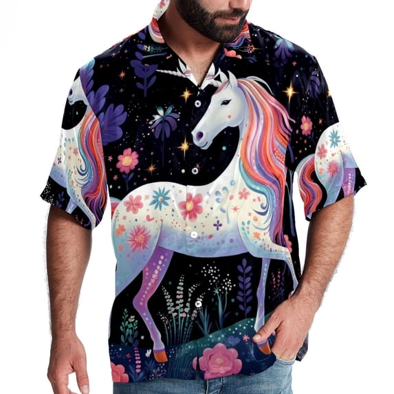 Starry Unicorn Men's Button Down Casual Hawaiian Print Short Sleeve Summer Beach Shirt