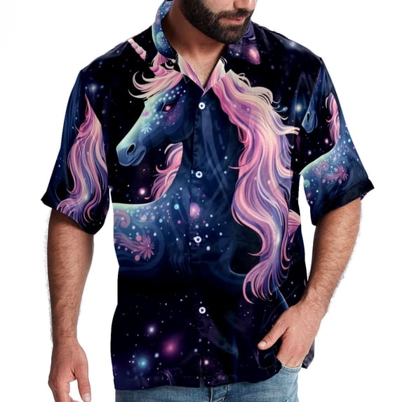 Starry Unicorn Men's Casual Printed Hawaiian Poplin Button Down Short Sleeve Beach Shirt Unisex
