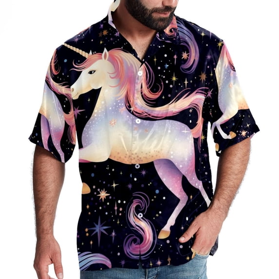 Starry Unicorn Men's Casual Spread Collar Hawaiian Short Sleeve Button Down Summer Beach Tops