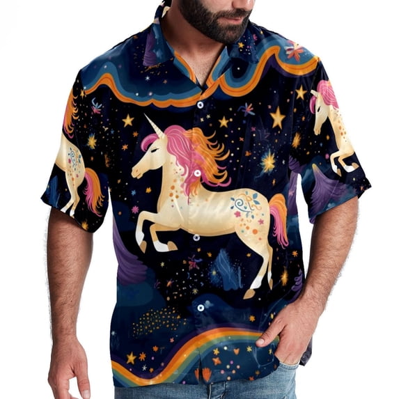 Starry Unicorn Men's Short Sleeve Beach Shirts, Casual Printed Button Down, Summer Unisex Spread Collar Tops