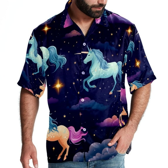 Starry Unicorn Men's Short Sleeve Beach Shirts Poplin Spread Collar Tops Casual Printed Button Down Summer Unisex