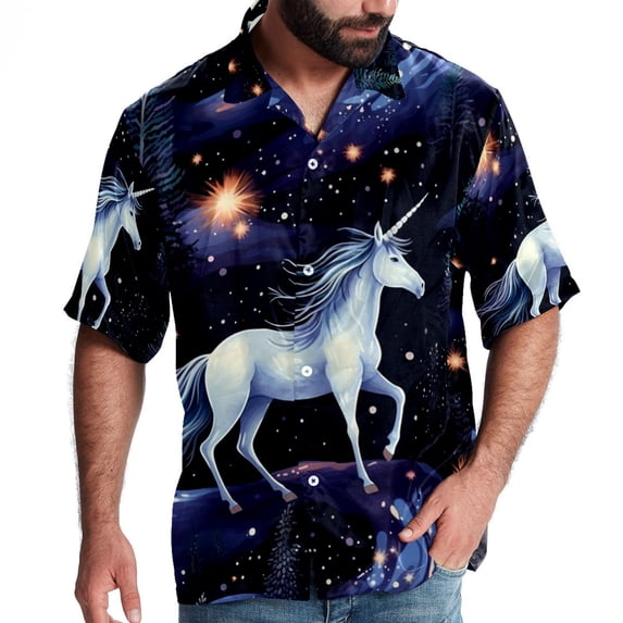 Starry Unicorn Men's Short Sleeve Hawaiian Beach Shirts, Casual Printed Button Down Spread Collar Tops, Summer Unisex Style