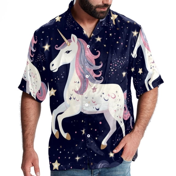 Starry Unicorn Men's Short Sleeve Hawaiian Shirt Button Down Poplin Beach Casual Printed Unisex Summer Tops