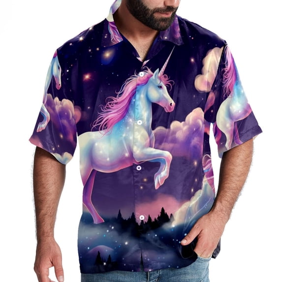 Starry Unicorn Men's Short Sleeve Poplin Beach Shirts, Casual Printed Button Down Summer Hawaiian Shirt - Unisex
