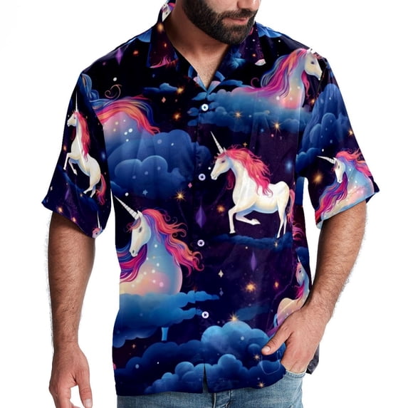 Starry Unicorn Men's Short Sleeve Poplin Shirt with Spread Collar Tops, Casual Printed Button Down, Summer Beach Shirt for Men - Unisex, Stylish Men's Shirts