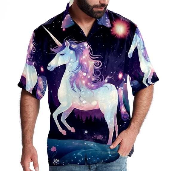 Starry Unicorn Men's Short Sleeve Printed Button Down Beach, Casual, Poplin Shirts for Summer Vacation