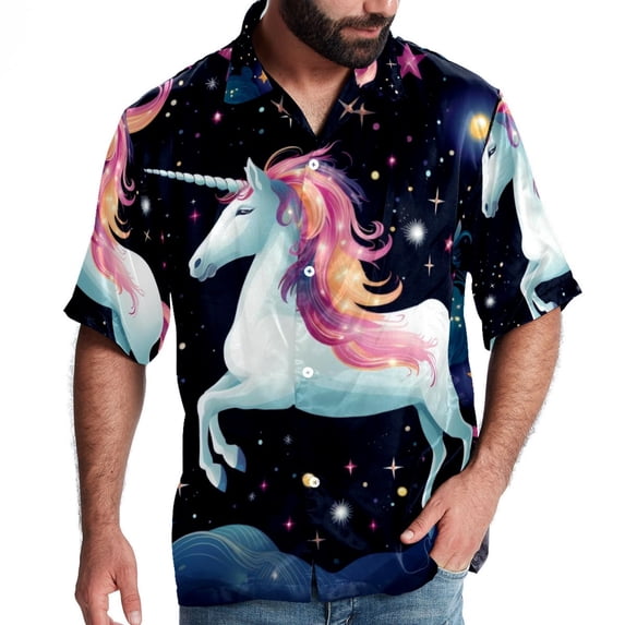 Starry Unicorn Men's Short Sleeve Spread Collar Poplin Button Down Casual Printed Summer Beach Unisex Shirts
