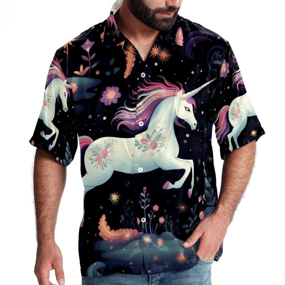 Starry Unicorn Men's Short Sleeve Spread Collar Tops, Casual Button Down Shirts, Printed Summer Beach Shirts, Unisex