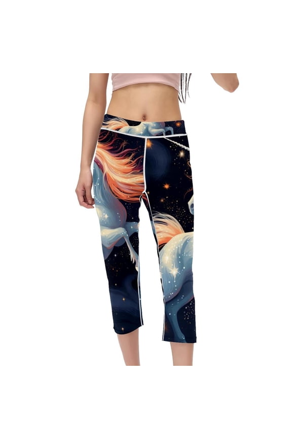 Starry Unicorn Women High Waist Capris Compression Leggings, Non-See-Through Printed Gym Pants, Yoga Pants for Running Fitness Yoga