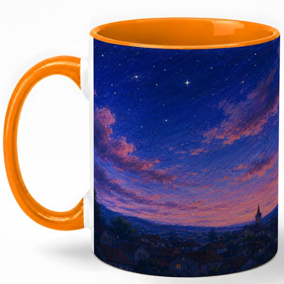 Starry Village Night 11oz Ceramic Mug, Moonlit Countryside Art
