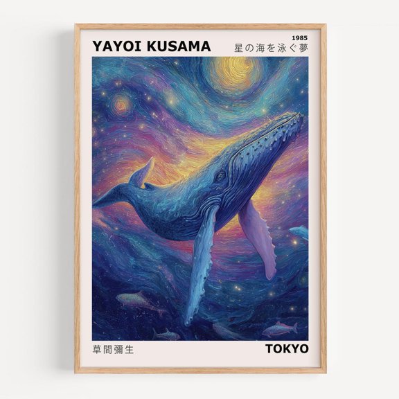 Starry Whale Yayoi Kusama Style Surreal Ocean Wall Art, Unframed Paper Poster 8x10in