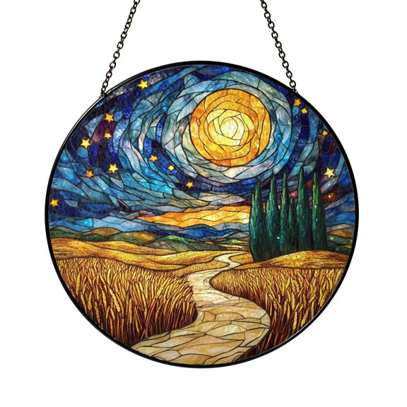 Starry Wheat Field Landscape Stained Glass Style Suncatcher – Window Art