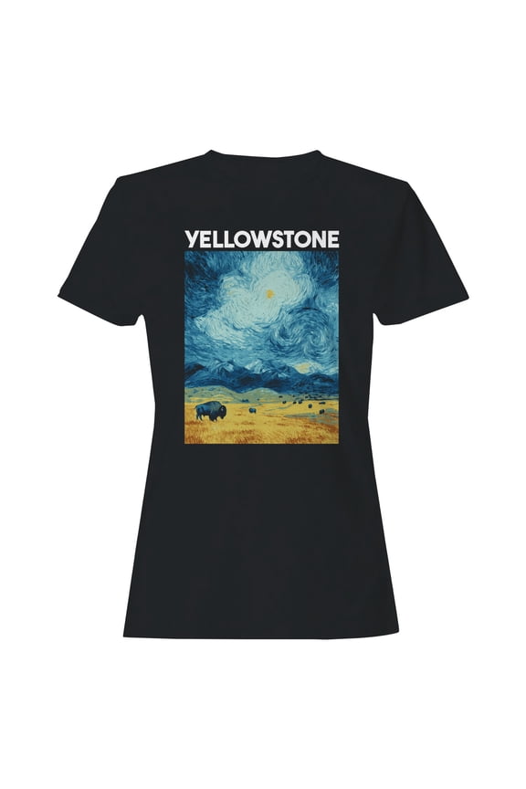 Starry Yellowstone Bison Night Graphic Women's Black T-Shirt
