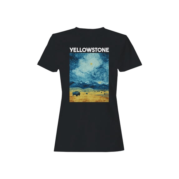Starry Yellowstone Bison Night Graphic Women's Black T-Shirt
