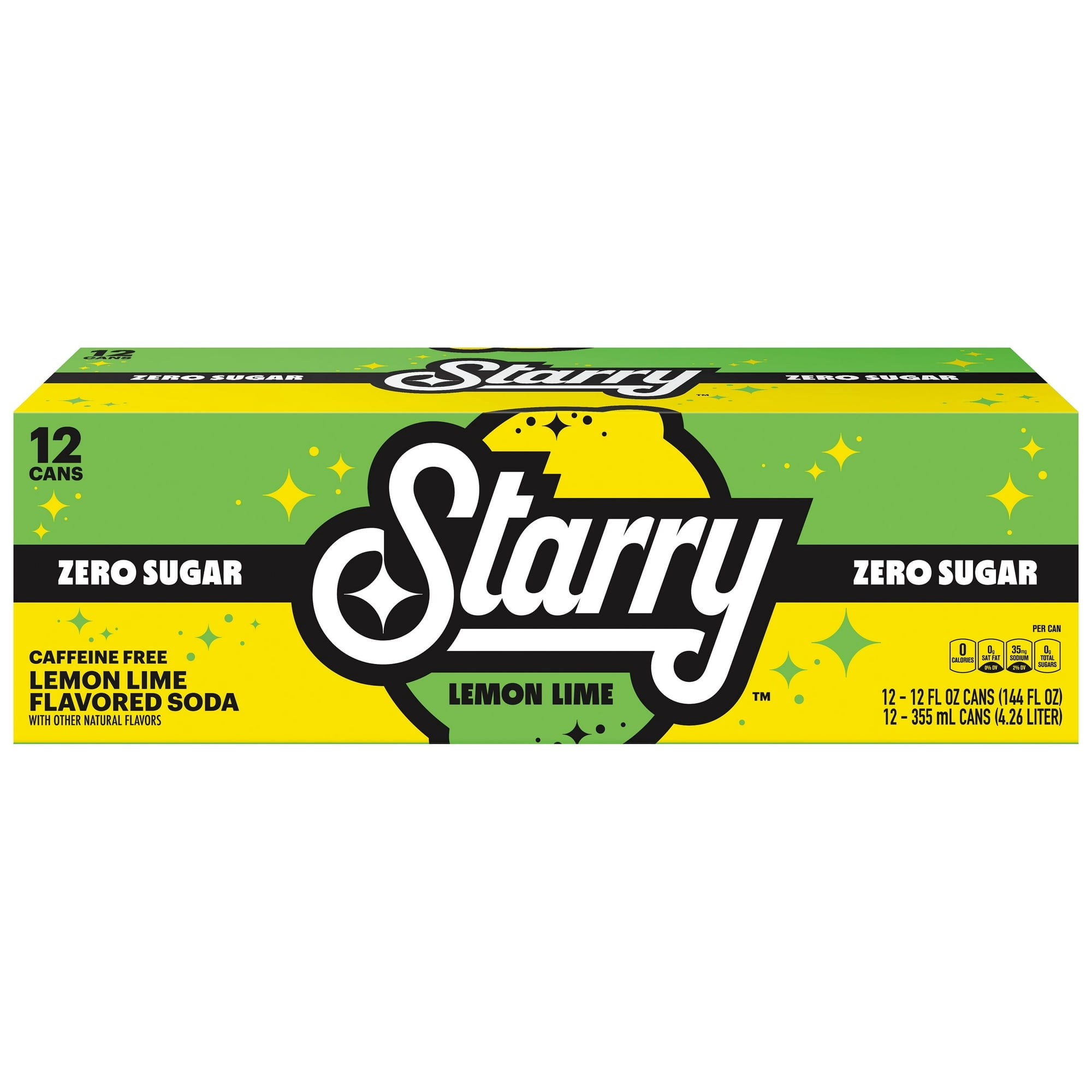Starry Zero Sugar Lemon Lime Soda Pop, 12 fl oz, 12 Pack Cans- Pack of 4