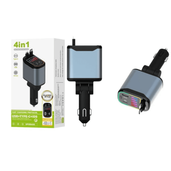 Starry Sky Atmosphere Light Car Super Fast Charging Retractable Cable Four-in-one Car Charger