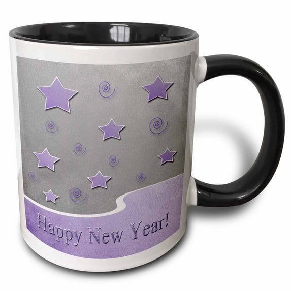 3drose, Stars and Curls, Happy New Year, Silver and Purple, 11oz Two-tone Black Mug