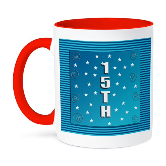Stars And Curls On Blue Lined Pattern, 15Th, 11oz Two-Tone Red Mug