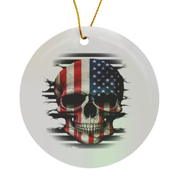 3drose, Stars and Stripes Patterned Skull Illustration, Circle Porcelain Ornament