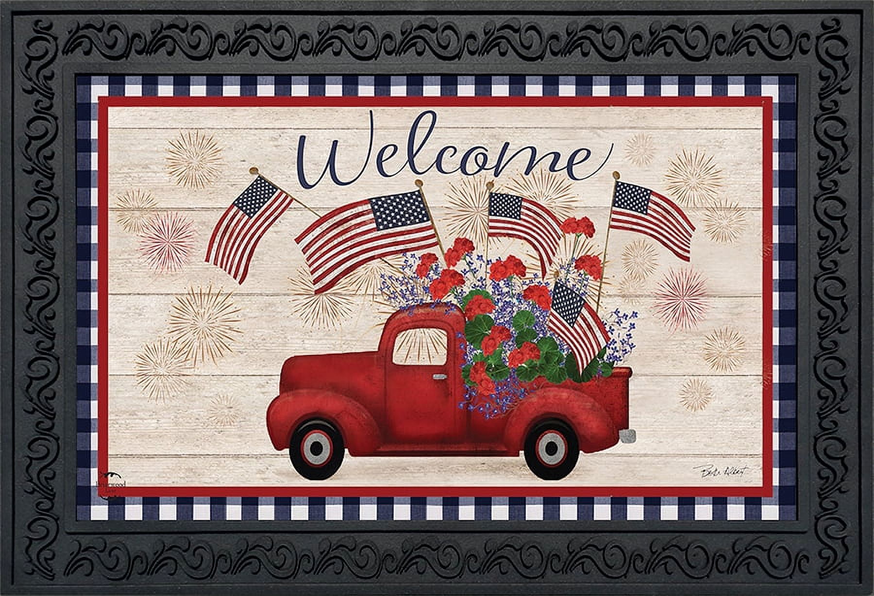 Patriotic Red Truck Welcome Outdoor Rubber Doormat