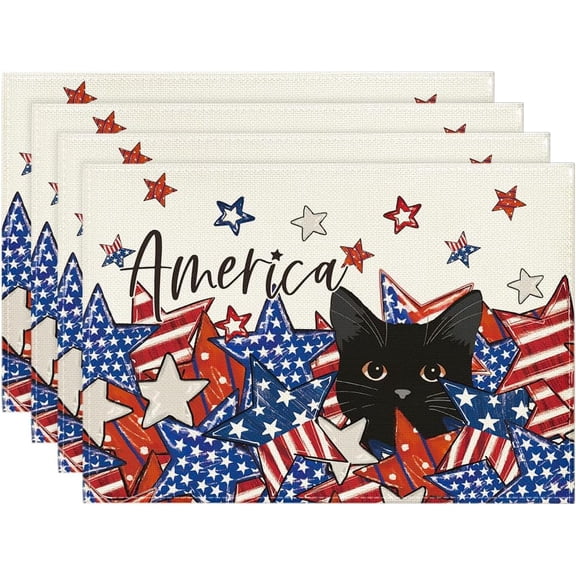 Stars Black Cat Patriotic 4th of July Placemats Set of 4, 12x18 Inch Memorial Day Holiday Table Mats for Party Kitchen Dining Decoration