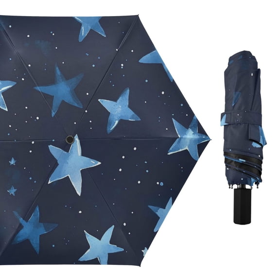 Stars Blue Cute All Weather Umbrella Triple Folding Parasol 6 Ribs UV Protection Portable