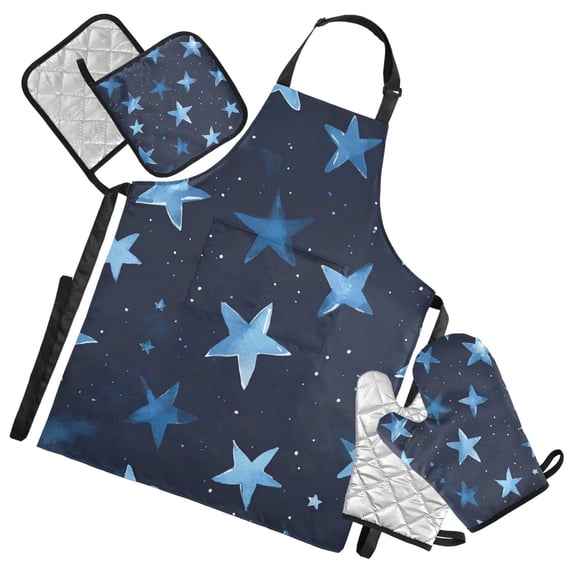 Stars Blue Cute Apron Set with Oven Mitts Pot Holders Set of 5 Kitchen Stuff Accessories
