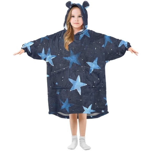 Stars Blue Cute Flannel Wearable Blankets Hooded Design Long Sleeves Wrap Unisex for 3T-14Y S