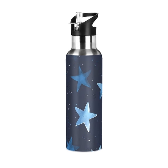 Stars Blue Cute Sports Bottle with Straw Stainless Steel Water Jug Portable Thermal Cup Leak-proof 600ML