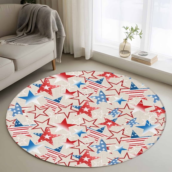 Stars Blue Red Beige 3' Round Rug for Bathroom Accent Bedside Corner, Independence Day American Flag Washable Non Slip Circle Area Rug for Small Spaces