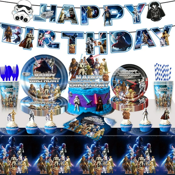 Stars Cartoon Wars birthday party decoration supplies, 131PCS party supplies including birthday banner, tablecloth, cake decorations, plates, napkins, cups, party decorations for girls and kids
