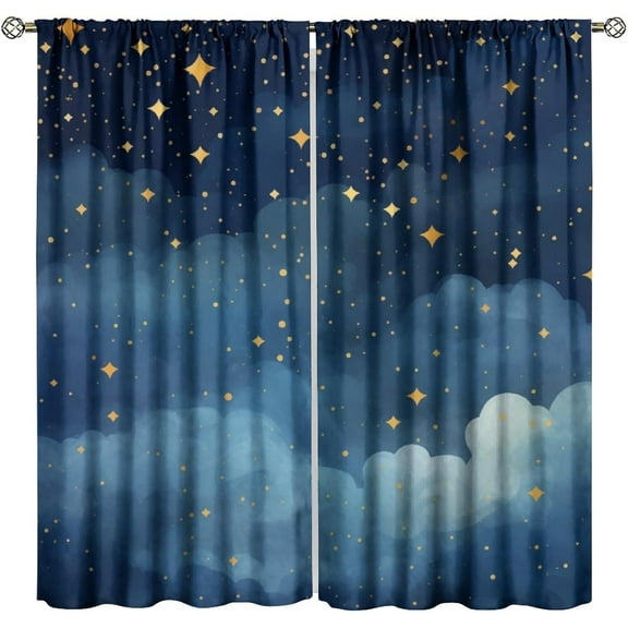 Stars Clouds Curtains, Watercolor Gold Shining Constellations Night Sky Pattern for Room Window Decor, Rod Pocket Print Blackout Drapes for Living Room Bedroom Kitchen 2 Panel Set 21"W X 54"L