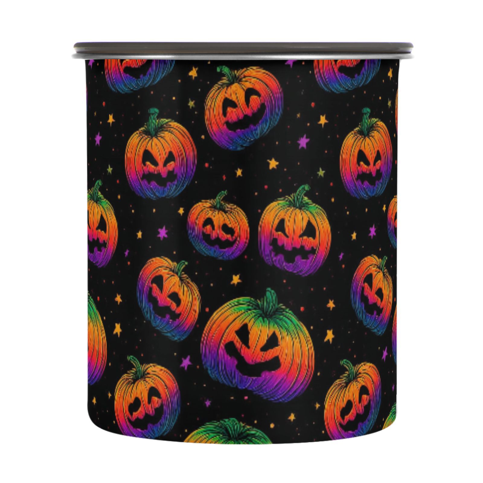 Stars Colorful Pumpkins Pattern Airtight Coffee Bean Canister 30oz Food Storage Containers with Lids For Gournd, Tea, Sugar, Flour, Rice, Cereal, Candy Cookie Jar