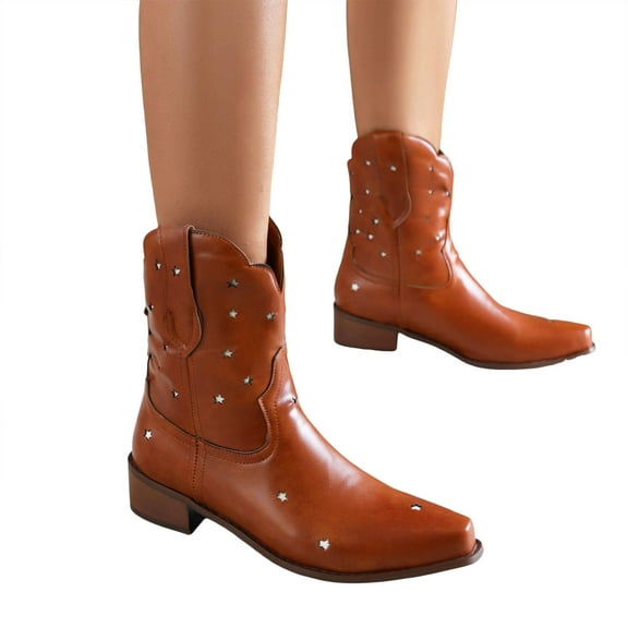 Stars Cowboy Boots for Women Fashion Hollow out Leather Pointed Toe Low Heel Slip on Wide Mid Calf Cowgirl Booties