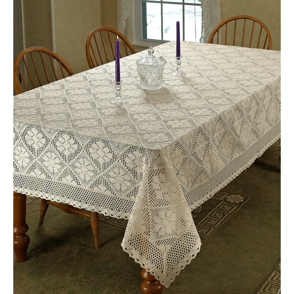 Stars Crochet Vintage Lace Design Tablecloth 60" by 120" Oblong / Rectangle Color Ivory