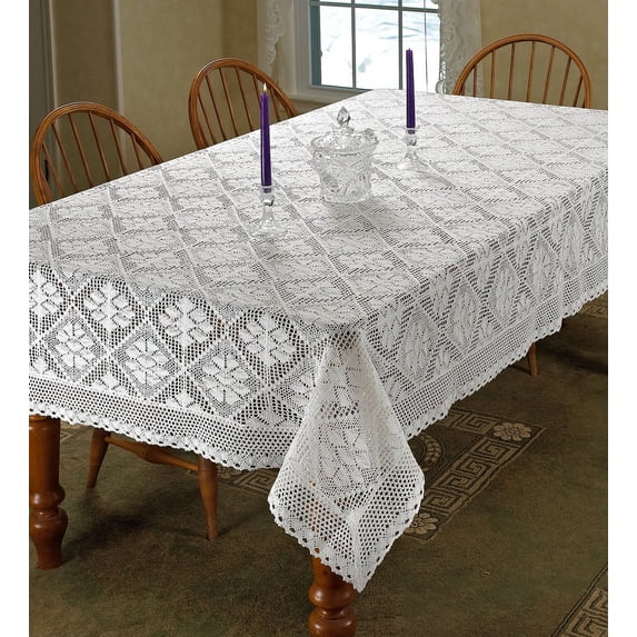 Stars Crochet Vintage Lace Design Tablecloth 60" by 140" Oblong / Rectangle White