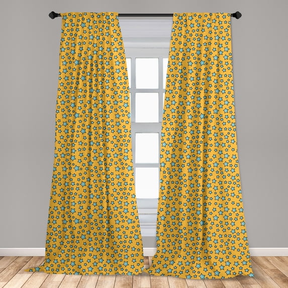 Stars Curtains 2 Panels Set, Abstract and Modernistic Design Irregular Order Cartoon Shapes, Window Drapes for Living Room Bedroom, 56"W X 84"L, Earth Yellow Aqua, by Ambesonne