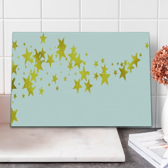 Stars Cutting Board, Wave of Vibrant Stars in Golden Yellow Tones Modern Design Celestial Elements, Decorative Tempered Glass Cutting and Serving Board, Large Size, Yellow and White, by Ambesonne