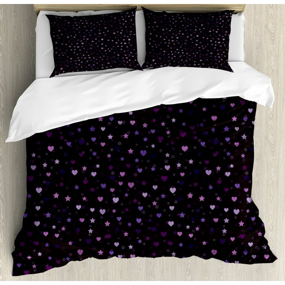 Stars Duvet Cover Set Queen Size, Colorful Hearts and Stars Pattern with Obscure Spots and Dots in Purple Tones Print, Decorative 3 Piece Bedding Set with 2 Pillow Shams, Multicolor, by Ambesonne